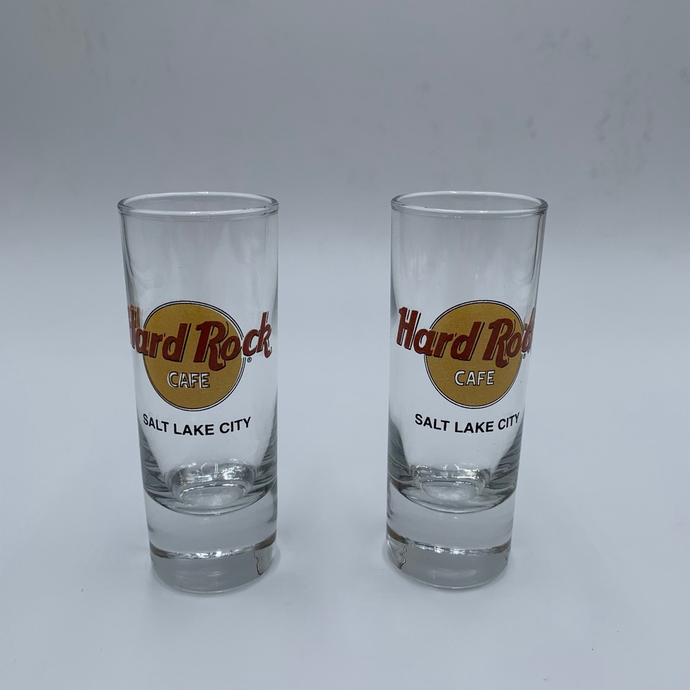 Hard Rock Cafe Shot Glass Set Salt‎ Lake City Clear Excellent Tall Shooter 2pc